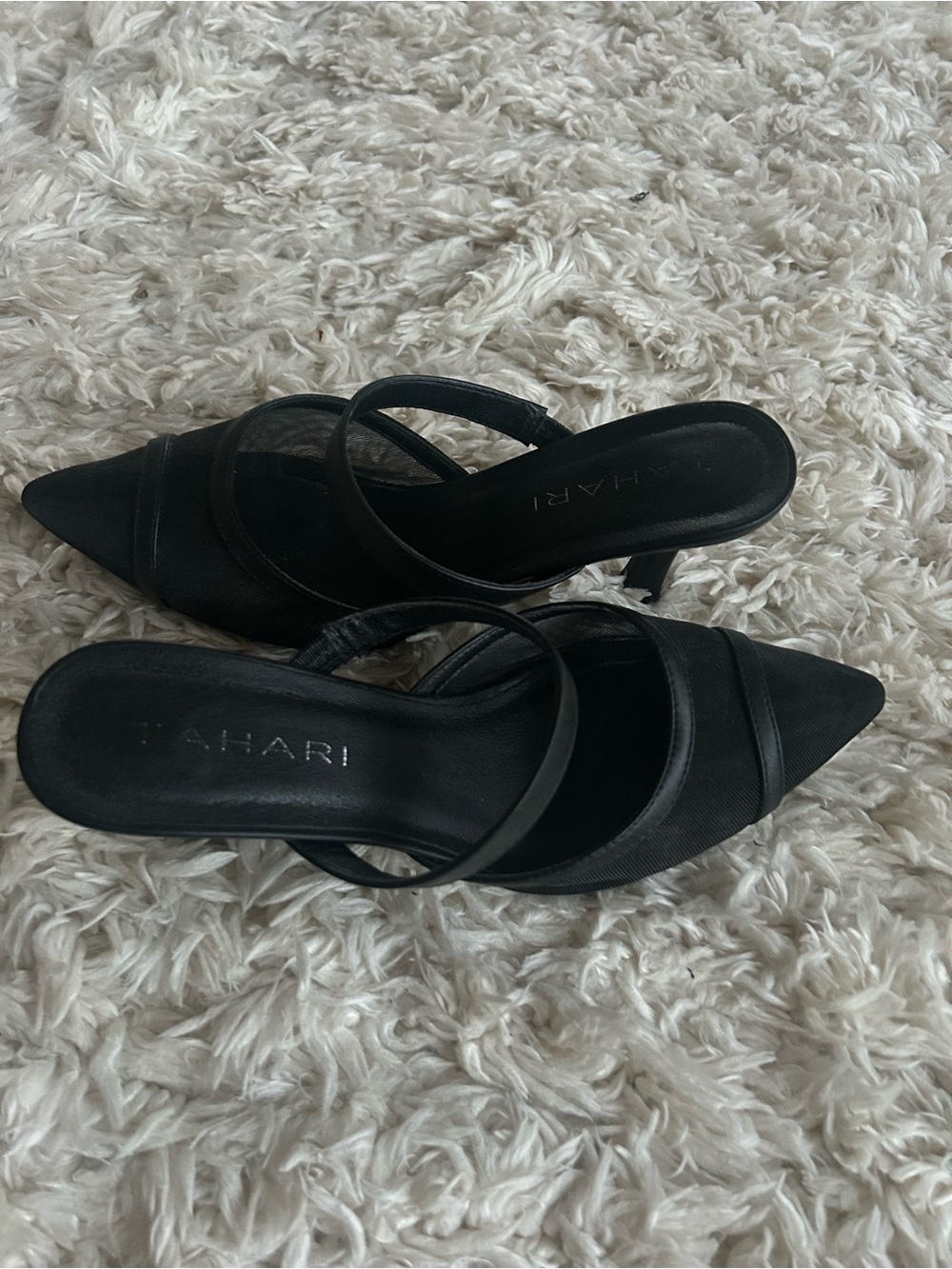 Tahari Black Pointed-Toe Slip-On Mules with Straps
